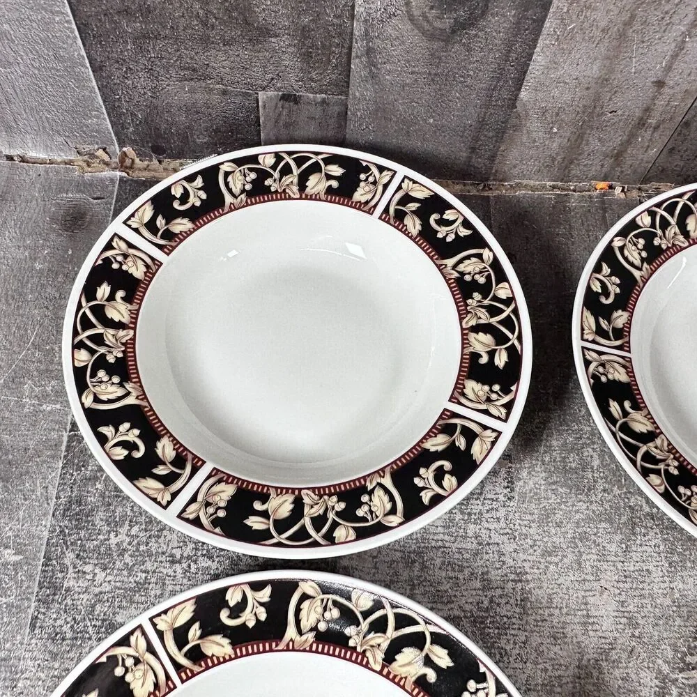 90's Sango SAVOY 8802 Royal Majestic Black Tan Stoneware‎ Rim Soup Bowls Set 4
